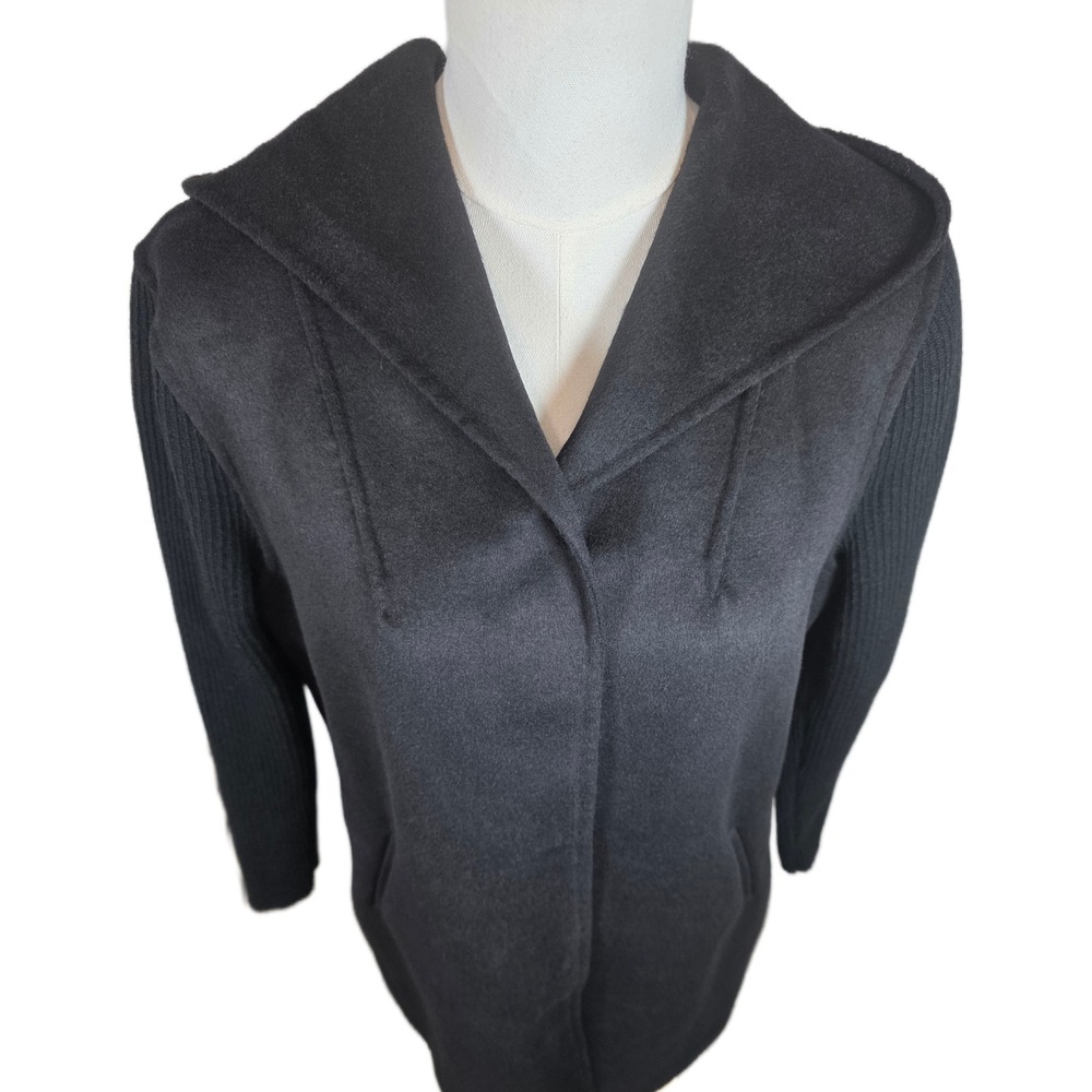 Kenneth Cole Women's Black Hooded Mixed Media Ribbed Sleeves Wool Blend Jacket - Picture 3 of 12